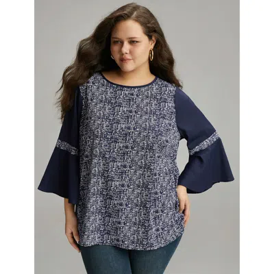 Bloomchic Women's Plus Size Patchwork Crew Neck Ruffle Sleeve Blouse Darkblue Dailywear Long Sleeve 10/m In Blue