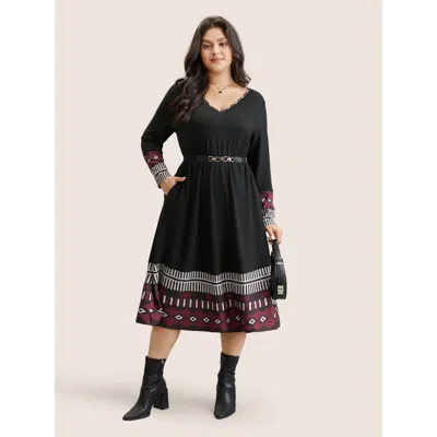 Bloomchic Women's Plus Size Patchwork Geometric Pocket Elastic Waist Dress Black Office Gathered 18-20/2x