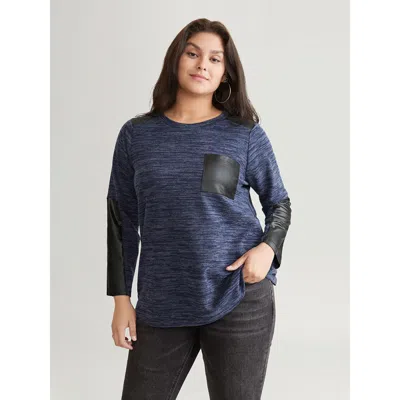 Bloomchic Women's Plus Size Patchwork Heather Contrast Patched Pocket T-shirt Indigo Dailywear Long Sleeve 14- In Purple