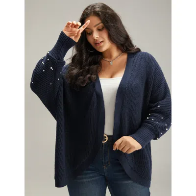 Bloomchic Women's Plus Size Patchwork Pearl Beaded Curved Hem Cardigan Midnight Long Sleeve 10/m In Blue