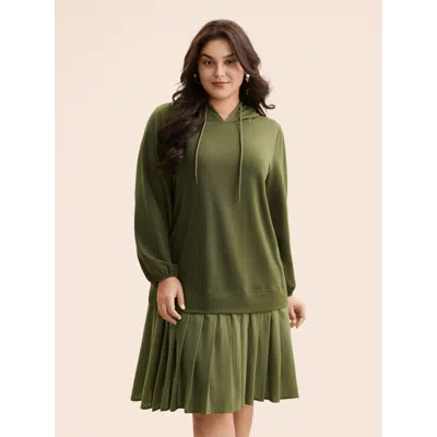 Bloomchic Women's Plus Size Patchwork Pleated Hooded Drawstring Dress Armygreen Non Knee Everyday Pleated 28/5