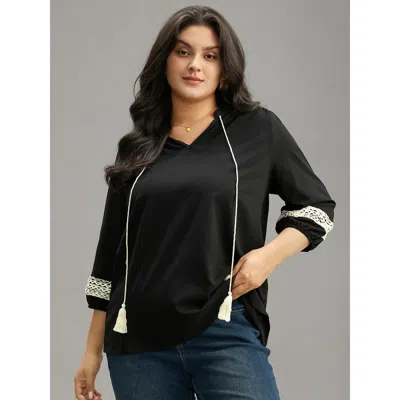 Bloomchic Women's Plus Size Patchwork Tassel Trim Knot Lantern Sleeve Blouse Black Dailywear Long Sleeve 10/m