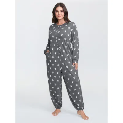 Bloomchic Women's Plus Size Paw Print Button Lounge Onesie Darkgray Not Graphics 10/m In Gray