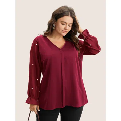 Bloomchic Women's Plus Size Pearl Beaded Mesh Patchwork Ruffles Blouse Scarlet Non Elegant 10/m In Red