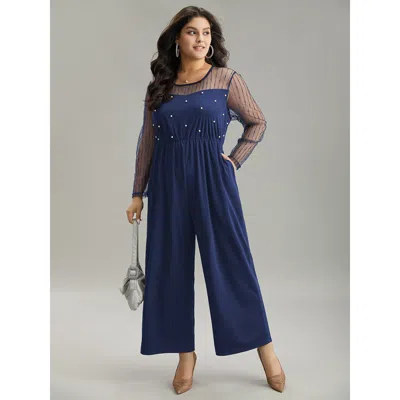 Bloomchic Women's Plus Size Pearl Beaded Mesh Patchwork Zipper Jumpsuit Indigo Going Out 28/5x In Purple