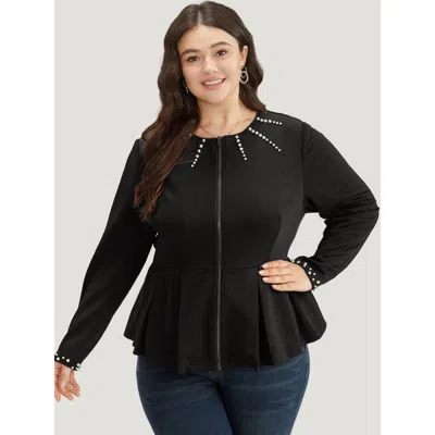 Bloomchic Women's Plus Size Pearl Beaded Zipper Fit And Flare Jacket Black Plain 22-24/3x