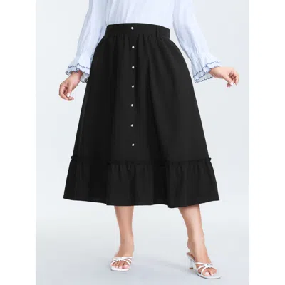 Bloomchic Women's Plus Size Pearl Button Pockets Midi Skirt Black Ruffles A-line Elegant 12/l