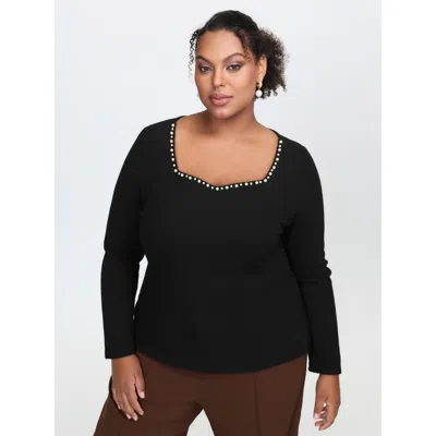 Bloomchic Women's Plus Size Pearl Detail Neckline Textured Fitted T-shirt Black Non Elegant Long Sleeve 12/l