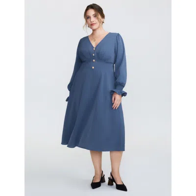 Bloomchic Women's Plus Size Pearl Metal Trim Buttons Shirred Midi Dress Stone Non Midi Elegant Gathered 12/l In Gray