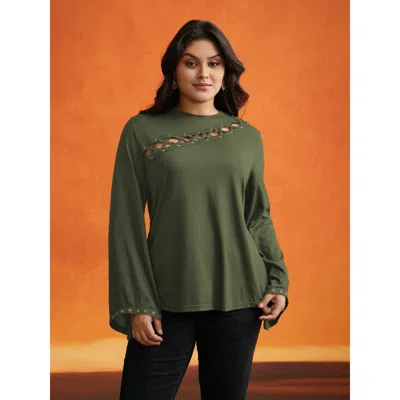 Bloomchic Women's Plus Size Peek-a-boo Cut-out Neckline T-shirt Armygreen Solid Casual Long Sleeve Round Neck 