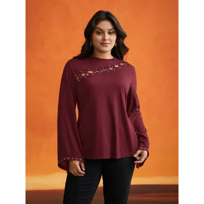 Bloomchic Women's Plus Size Peek-a-boo Cut-out Neckline T-shirt Burgundy Solid Casual Long Sleeve Round Neck 2
