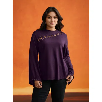 Bloomchic Women's Plus Size Peek-a-boo Cut-out Neckline T-shirt Eggplant Solid Casual Long Sleeve Round Neck 2 In Purple
