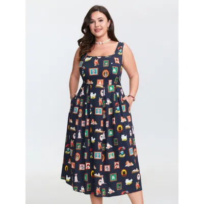 Bloomchic Women's Plus Size Pet Print Shirred Stretchy Back Midi Dress Darkblue Figurative Print Midi Elegant  In Blue