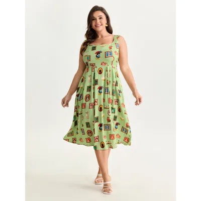 Bloomchic Women's Plus Size Pet Print Shirred Stretchy Back Midi Dress Greenbean Figurative Print Midi Elegant