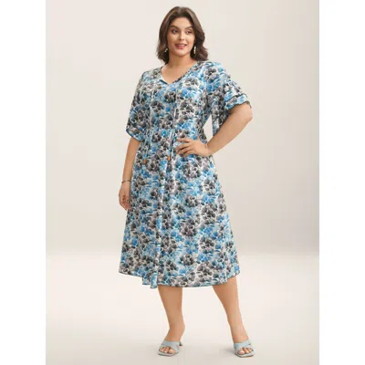 Bloomchic Women's Plus Size Petal Print Layered Sleeve Pockets Midi Dress Mediumblue Floral Midi Vacation 30/6