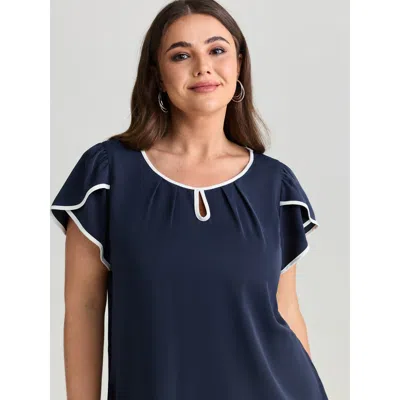 Bloomchic Women's Plus Size Petal Sleeve Color Contrast Plain Blouse Darkblue Non Office Short Sleeve 10/m In Blue
