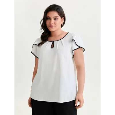 Bloomchic Women's Plus Size Petal Sleeve Color Contrast Plain Blouse Originalwhite Non Office Short Sleeve 22-
