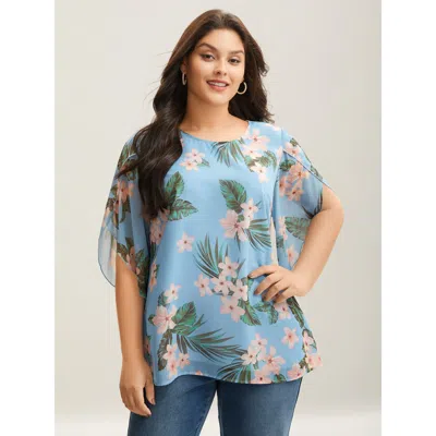 Bloomchic Women's Plus Size Petal Sleeve Floral Round Neck Shirt Lightblue Floral Vacation 3/4 Sleeve Round Ne In Blue