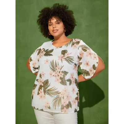 Bloomchic Women's Plus Size Petal Sleeve Floral Round Neck Shirt Whitesmoke Floral Vacation 3/4 Sleeve Round N