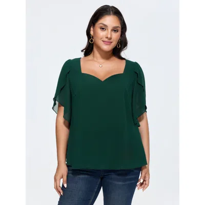 Bloomchic Women's Plus Size Petal Sleeve Sweetheart Neckline Blouse Darkslategray Solid Elegant Short Sleeve S