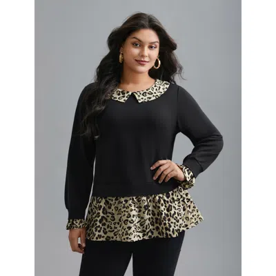 Bloomchic Women's Plus Size Peter Pan Collar Leopard Print Patchwork Sweatshirt Black Everyday 10/m