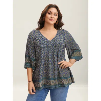Bloomchic Women's Plus Size Pin-tuck Pleat Ornate Print Relaxed Fit Shirt Darkblue Ethnic Floral Vacation 3/4  In Blue