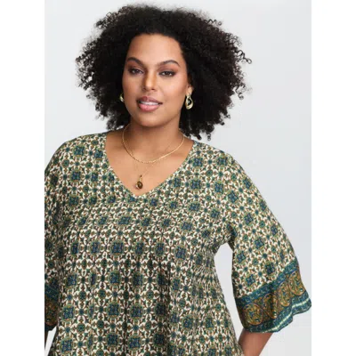 Bloomchic Women's Plus Size Pin-tuck Pleat Ornate Print Relaxed Fit Shirt Multicolor Ethnic Floral Vacation 3/