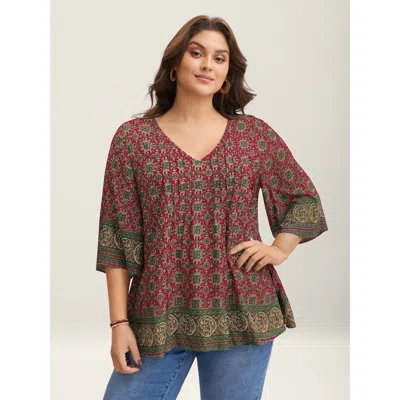 Bloomchic Women's Plus Size Pin-tuck Pleat Ornate Print Relaxed Fit Shirt Scarlet Ethnic Floral Vacation 3/4 S In Red
