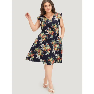 Bloomchic Women's Plus Size Pixel Flower Print Ruffle Cap Sleeve Pocket Dress Darkblue Dailywear Elastic Waist In Blue