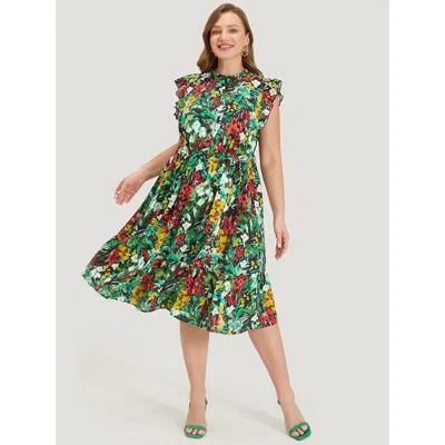 Bloomchic Women's Plus Size Pixel Flower Ruffle Trim Pocket Belt Mock Neck Knee Dress Black Dailywear Gathered