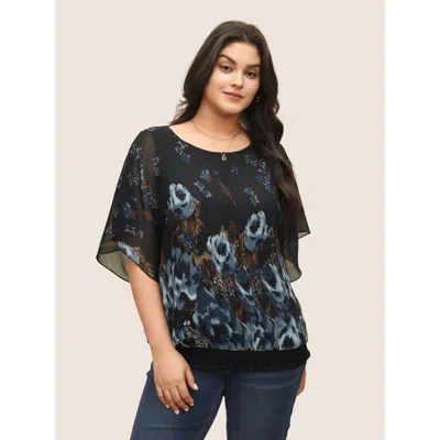 Bloomchic Women's Plus Size Pixel Flower Shirred Batwing Sleeve Blouse Black Ripple Elegant Short Sleeve U-nec