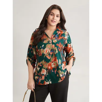 Bloomchic Women's Plus Size Pixel Flower Shirt Collar Tab Sleeve Blouse Darkgreen Party 3/4 Sleeve 18-20/2x In Green