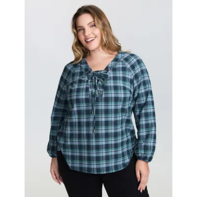 Bloomchic Women's Plus Size Plaid 2-in-1 Neck Tie Blouse Cyan Plaid Casual Extra Long Sleeve 10/m In Blue