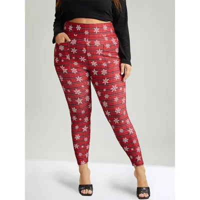 Bloomchic Women's Plus Size Plaid & Snow Print Pocket Skinny Ankle Leggings Scarlet Medium Stretch High Rise F In Red