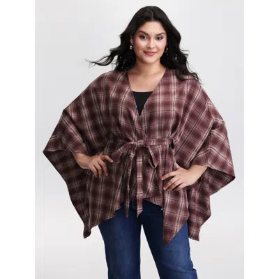 Bloomchic Women's Plus Size Plaid Asymmetrical Hem Knotted-front Kimono Burgundy Belted T-line 14-16/1x