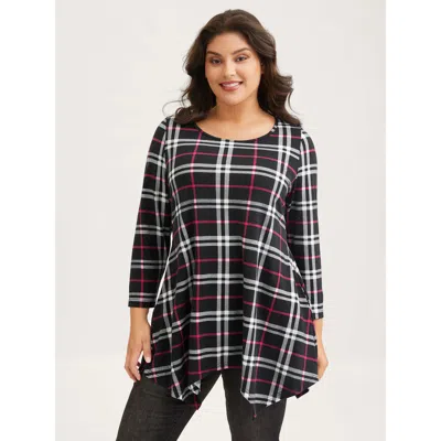 Bloomchic Women's Plus Size Plaid Asymmetrical Hem Pocket T-shirt Black Plaid Casual Long Sleeve Round Neck 10