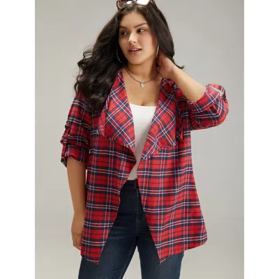 Bloomchic Women's Plus Size Plaid Asymmetrical Hem Tab Sleeve Jacket Scarlet Button 14-16/1x In Red