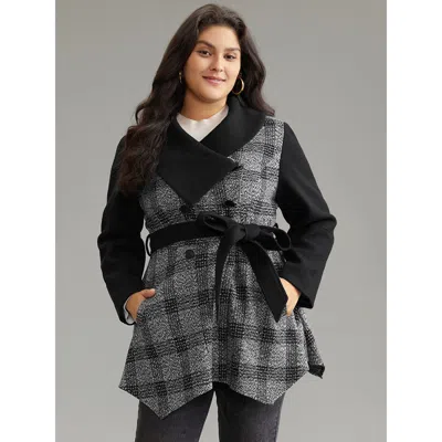Bloomchic Women's Plus Size Plaid Belted Lapel Collar Button Up Coat Black Belted 10/m