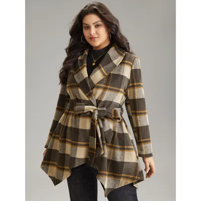 Bloomchic Women's Plus Size Plaid Belted Lapel Collar Hanky Hem Coat Darkbrown Belted 10/m In Brown