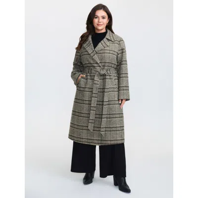Bloomchic Women's Plus Size Plaid Belted Waist-defining Coat Yellowishbrown H-line 12/l