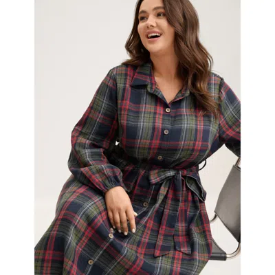 Bloomchic Women's Plus Size Plaid Button Detail Pocket Belted Arc Hem Dress Darkblue Plaid Midi Casual Button  In Blue