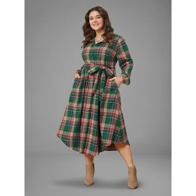 Bloomchic Women's Plus Size Plaid Button Detail Pocket Belted Arc Hem Dress Multicolor Plaid Midi Casual Butto