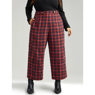 Bloomchic Women's Plus Size Plaid Button Detail Pocket Loose Pants Scarlet Mid Rise Festival-christmas 10/m In Red