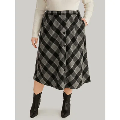 Bloomchic Women's Plus Size Plaid Button Detail Pocket Skirt Black Elastic Waist Office 12/l