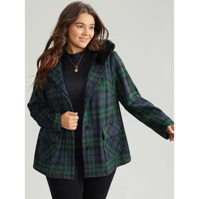 Bloomchic Women's Plus Size Plaid Button Fly Hooded Fuzzy Trim Coat Emerald Colorblock 10/m In Green