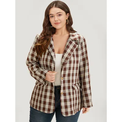 Bloomchic Women's Plus Size Plaid Button Through Flap Pocket Blazer Bronze Plaid Button Sleeve Long Sleeve 14- In Brown