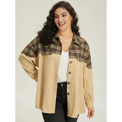 Bloomchic Women's Plus Size Plaid Button Through Patchwork Contrast Jacket Tan Colorblock 10/m In Brown