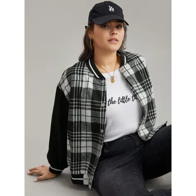 Bloomchic Women's Plus Size Plaid Button Through Pocket Baseball Collar Bomber Jacket Black Elastic Cuffs 14-1