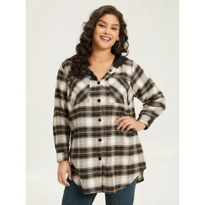 Bloomchic Women's Plus Size Plaid Button Up Hooded Patchwork Shacket Darkbrown Colorblock 10/m In Brown