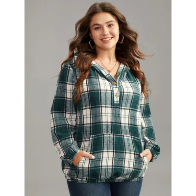 Bloomchic Women's Plus Size Plaid Button Up Hooded Pocket Sweatshirt Green Plaid Dailywear 12/l